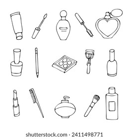 Set of vector drawings of cosmetics and makeup accessories in cartoon style on a white background, hand-drawn.