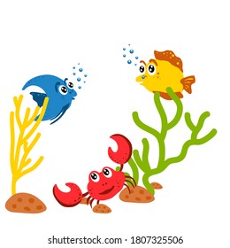 Set of vector drawings of cute handmade marine life on white isolated background in flat design. Fish, crayfish, seaweed for printing on textiles, wallpaper, clothing.