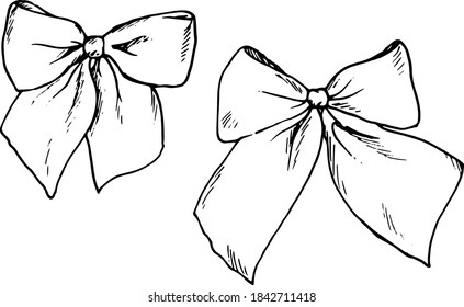Set of vector drawings with decorative bows in sketches style black contour on a white background. bow illustration sign collection. the symbol of the tape. the logo of the accessory.