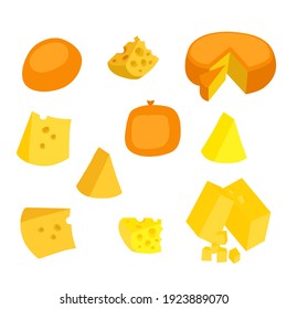 Set of vector drawings of different cheese on a white isolated background in a flat style, cartoon.
