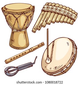 Set of vector drawings - drum, tambourine, flute, vargan.
