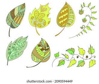 un conjunto de dibujos vectoriales de flores y hojas en un estilo étnico
