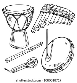 Set of vector drawings of folk musical instruments in a sketch style.