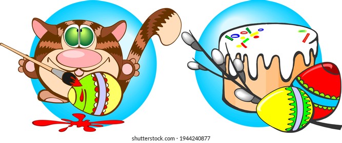a set of vector drawings of funny animals vector drawing of a cat painting Easter eggs and Easter cake with a sprig of willow easter holidays