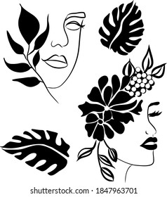 set of vector drawings, girl face, flowers