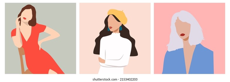 Un conjunto de dibujos vectoriales de niñas. Avarka para las redes sociales. Tres chicas tienen un estilo diferente. Brunette con un vestido rojo, chica rizada con una boina y un cuello blanco, rubia con una chaqueta azul.