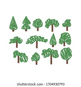 Set of vector drawings of green trees on a white isolated background. Trees, bushes flat, cartoon for decoration of invitations, cards