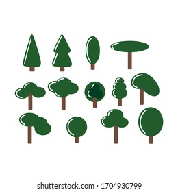 Set of vector drawings of green trees on a white isolated background. Trees, bushes flat, cartoon for decoration of invitations, cards