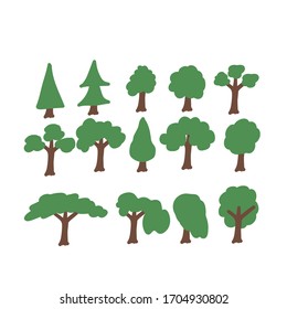 Set of vector drawings of green trees on a white isolated background. Trees, bushes flat, cartoon for decoration of invitations, cards