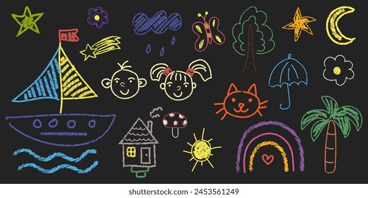 Set of vector drawings hand drawn with colored chalk on a blackboard. Cute flower, ship, umbrella, animal elements, house, trees, rain, children, palm tree. Cute preschool activity for kids