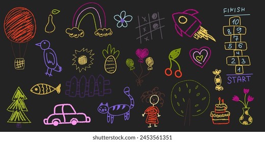 Set of vector drawings hand drawn with colored chalk on a blackboard. Cute flower, rocket, animal elements, car, classic, trees. Children's animal design for textiles, posters, flyers