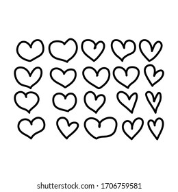 Set of vector drawings of handmade black hearts on a white isolated background, flat. Romantic background, symbol, wrapping, gifts, holiday, greeting card, decoration