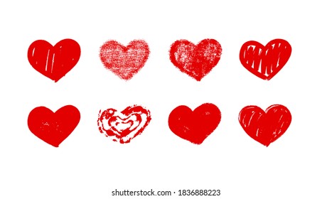 Set of vector drawings of handmade broken hearts on a white isolated background, flat. Romantic background, symbol, wrapping, gifts, holiday, greeting card, decoration.