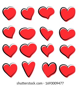 Conjunto de dibujos vectoriales de corazones hechos a mano sobre un fondo blanco aislado, plano. Fondo romántico, símbolo, envoltura, regalos, vacaciones, tarjeta de saludo, decoración.