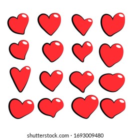 Set of vector drawings of handmade hearts on a white isolated background, flat. Romantic background, symbol, wrapping, gifts, holiday, greeting card, decoration.