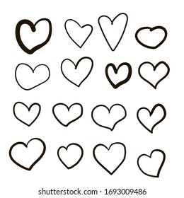 Set of vector drawings of handmade hearts on a white isolated background, flat. Romantic background, symbol, wrapping, gifts, holiday, greeting card, decoration.