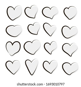 Set of vector drawings of handmade hearts on a white isolated background, flat. Romantic background, symbol, wrapping, gifts, holiday, greeting card, decoration.