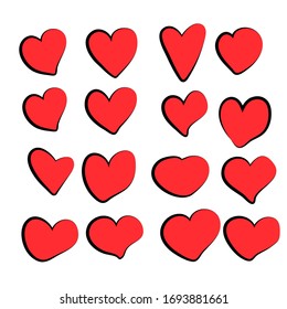Set of vector drawings of handmade hearts on a white isolated background, flat. Romantic background, symbol, wrapping, gifts, holiday, greeting card, decoration.