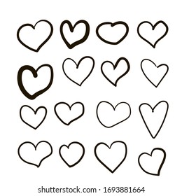 Set of vector drawings of handmade hearts on a white isolated background, flat. Romantic background, symbol, wrapping, gifts, holiday, greeting card, decoration.