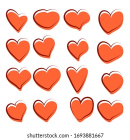 Set of vector drawings of handmade hearts on a white isolated background, flat. Romantic background, symbol, wrapping, gifts, holiday, greeting card, decoration.