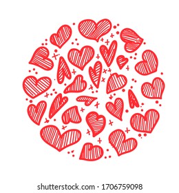 Set of vector drawings of handmade hearts on a white isolated background, flat. Romantic background, symbol, wrapping, gifts, holiday, greeting card, decoration