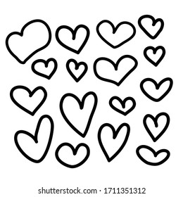 Set Vektorillustration Zeichnungen von handgemachten Herzen auf weißem, isoliertem Hintergrund, flach. Romantischer Hintergrund, Symbol, Umhüllung, Geschenke, Urlaub, Grußkarte, Dekoration.
