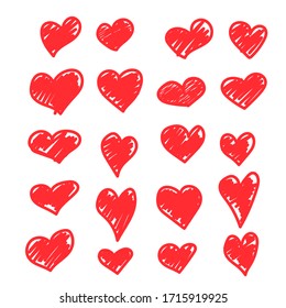 Set of vector drawings of handmade hearts on a white isolated background, flat. Romantic background, symbol, wrapping, gifts, holiday, greeting card, decoration