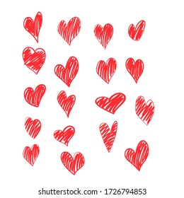 Set of vector drawings of handmade hearts on a white isolated background, flat. Romantic background, symbol, wrapping, gifts, holiday, greeting card, decoration.