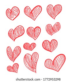 Set of vector drawings of handmade hearts on a white isolated background, flat. Romantic background, symbol, wrapping, gifts, holiday, greeting card, decoration.