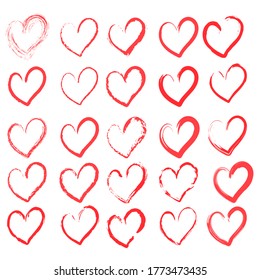 Conjunto de dibujos vectoriales de corazones hechos a mano sobre un fondo blanco aislado, plano. Fondo romántico, símbolo, envoltura, regalos, vacaciones, tarjeta de saludo, decoración.
