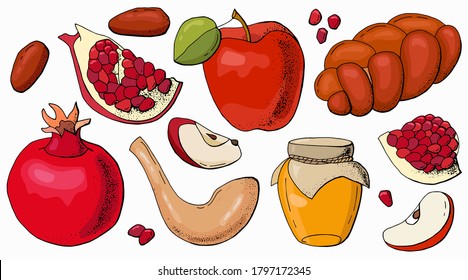 Set of vector drawings for the holiday of Rosh Hashana (Hebrew New Year). White background, isolator. Stock illustration.