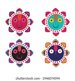 Conjunto de dibujos vectoriales de Jagannath. Colección de símbolos hindúes. Iconos coloridos de deidades védicas.