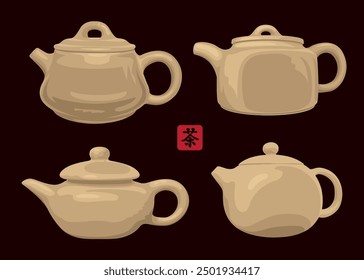 conjunto de dibujos de Vector de arcilla japonesa o china o teteras de cerámica para la ceremonia del té. Traducción del jeroglífico TEA.