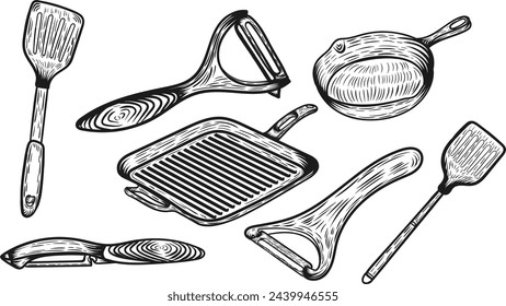 Set of vector drawings of kitchen tools