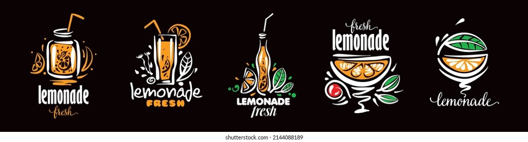 A set of vector drawings of lemonade on a black background