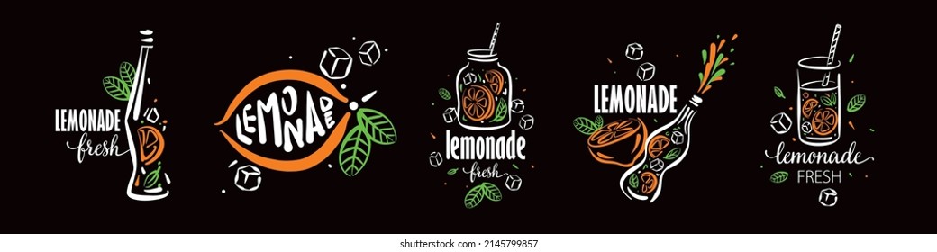 A set of vector drawings of lemonade on a black background