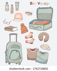 Set of vector drawings of luggage, clothes and things for travel and vacation. Bon Voyage. Collecting all the items you need on the road in your suitcase. Vector. Isolated