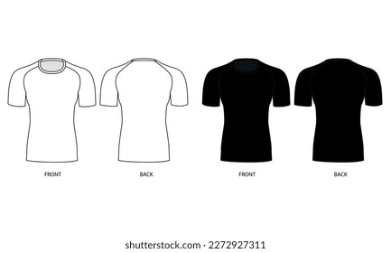 Set of vector drawings men's sports t-shirt, front and back view. Basic T-shirt template with short sleeves and round neck. Short sleeve jersey pattern for men.