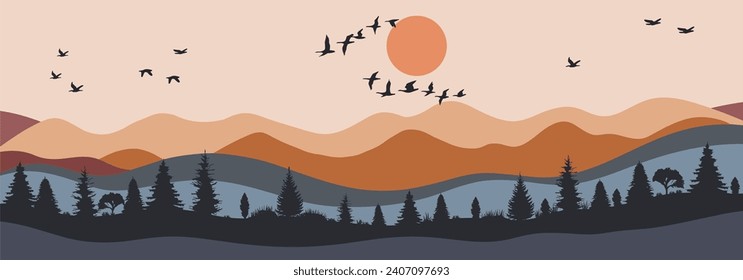 Set of vector drawings nature, mountains, forest. Banner, poster, flyer, card template. Vector horizontal illustration for print. Design element.