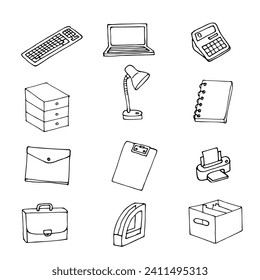 Set of vector drawings of office items in cartoon style on a white background, hand-drawn.