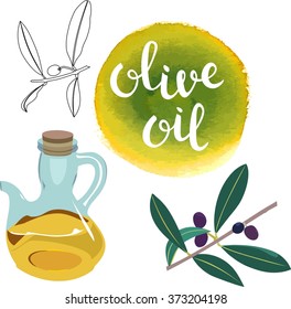 A set of vector drawings of olive oil branches and a bottle of olive oil, with a hand lettered 'olive oil' sign on a watercolor texture