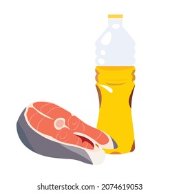 
Conjunto de dibujos vectoriales omega 3 que contienen alimentos. íconos de aceite vegetal, salmón, filete de salmón. Ilustración vectorial plana de la ingesta de grasa aislada en fondo blanco