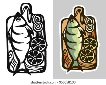 set of vector drawings on the blackboard fish. logo for menu restaurant.
