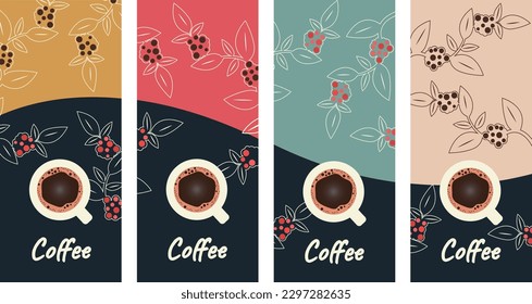 A set of vector drawings on a colored background, a cup of coffee and a coffee tree. Template for posters, banners, cards, flyers, coffee design. Design elements.
