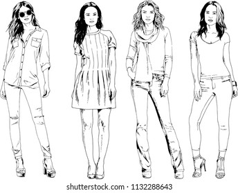set of vector drawings on the theme of beautiful girls drawn by hand with ink on a white background