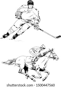 set of vector drawings on the theme of sports, hockey and horse racing, hand-drawn sketches