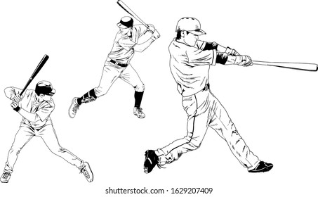 set of vector drawings on the theme of sport baseball drawn ink from hands without a background