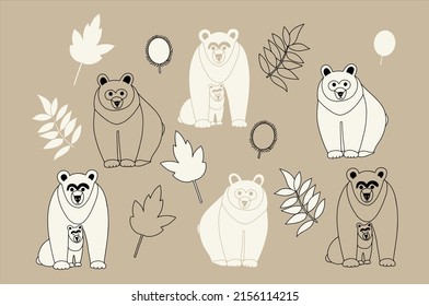 set of vector drawings on the theme of predators bears are drawn by hand with ink tattoo logos