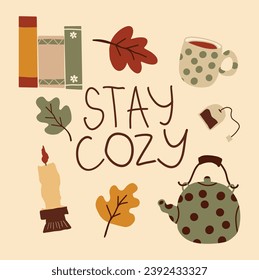 A set of vector drawings on the theme of cozy in doodle style. Drawings of elements of a cozy home.