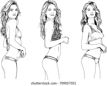 set of vector drawings on the theme of girls in bathing suits hand-drawn in ink on a white background